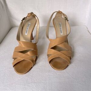 Manolo Blahnik criss-cross sandals tan leather with stacked wooden heel. Size 42